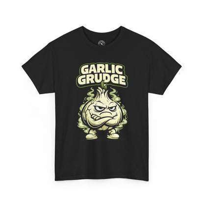 Black t-shirt with 'Garlic Grudge' graphic design on a white background