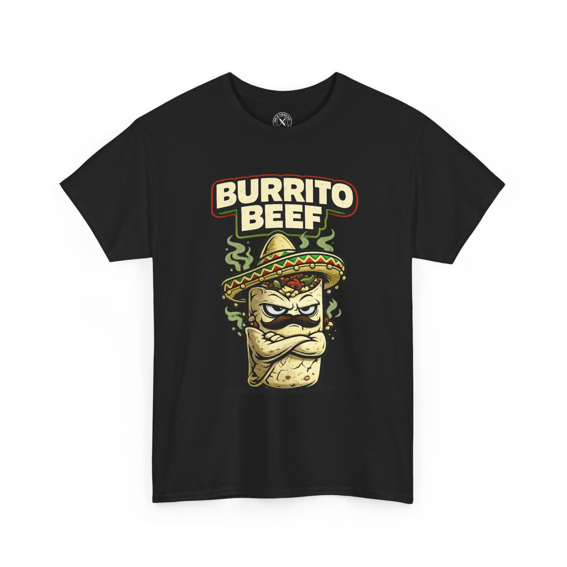 Black t-shirt with 'Burrito Beef' graphic design on a white background