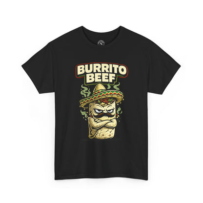 Black t-shirt with 'Burrito Beef' graphic design on a white background