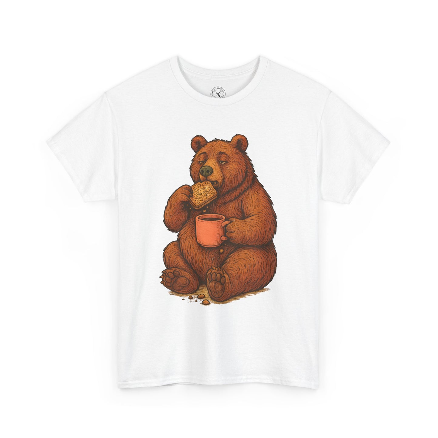 White t-shirt with a bear holding a mug and a piece of bread graphic on a white background