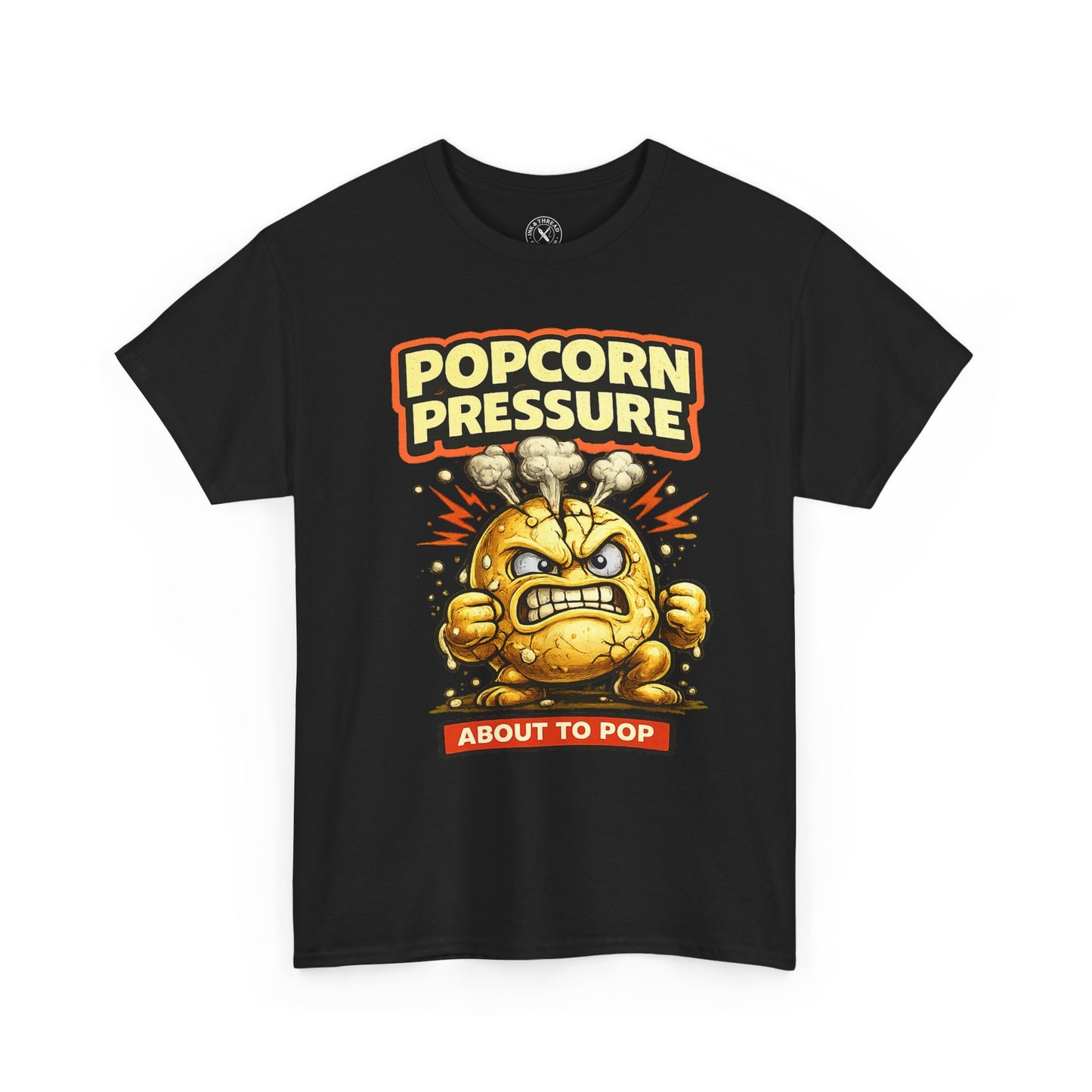 Black t-shirt with a graphic design of a yellow character and text 'Popcorn Pressure About to Pop' on a white background.