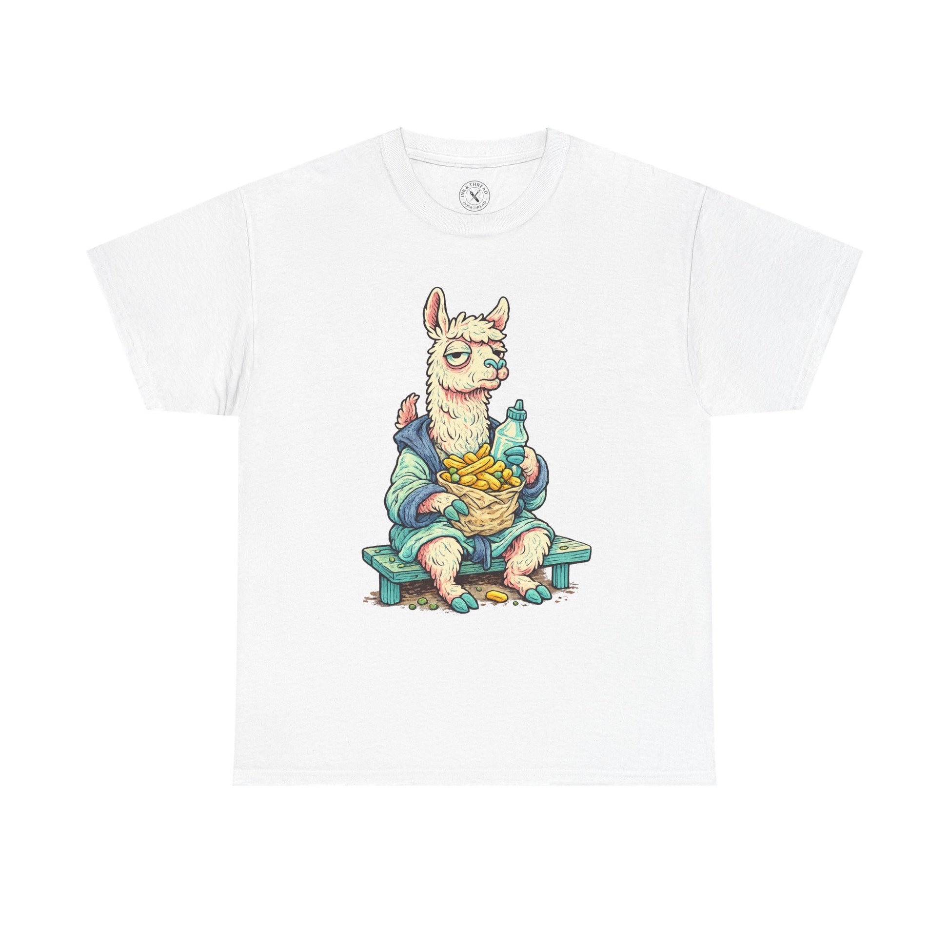 White t-shirt with a graphic of a llama holding a basket of flowers on a white background