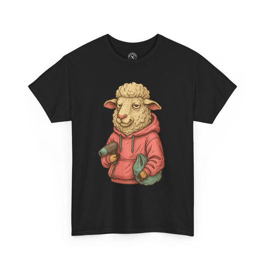 Black t-shirt with a graphic of a sheep in a red hoodie on a white background