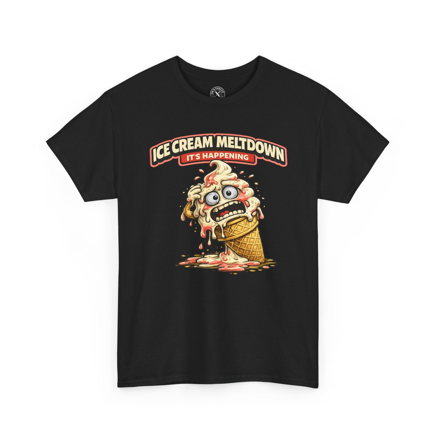 Black t-shirt with a cartoon ice cream cone character and text 'Ice Cream Meltdown It's Happening' on a white background