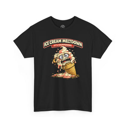 Black t-shirt with a cartoon ice cream cone character and text 'Ice Cream Meltdown It's Happening' on a white background