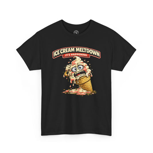 Black t-shirt with a cartoon ice cream cone character and text 'Ice Cream Meltdown It's Happening' on a white background