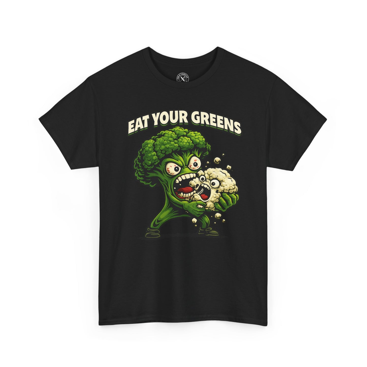 Black t-shirt with a graphic of a broccoli and cauliflower and text 'Eat Your Greens' on a white background.