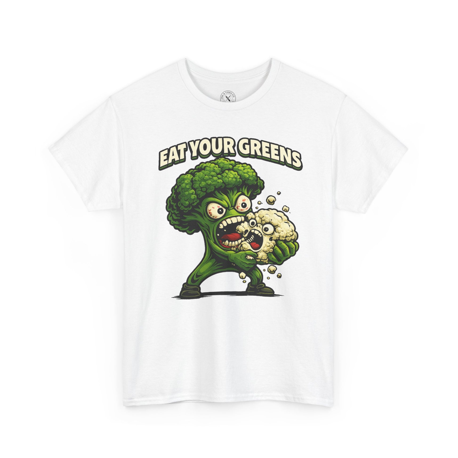 White t-shirt with a broccoli graphic and 'Eat Your Greens' text on a white background
