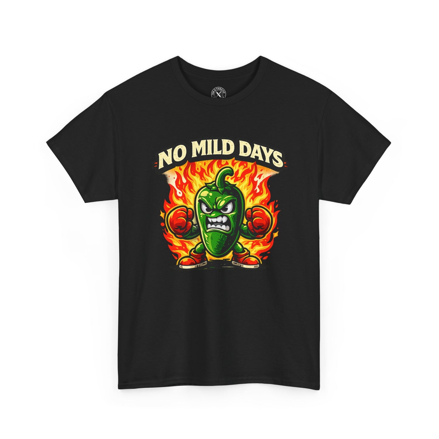 Black t-shirt with a green pepper graphic and 'No Mild Days' text on a white background