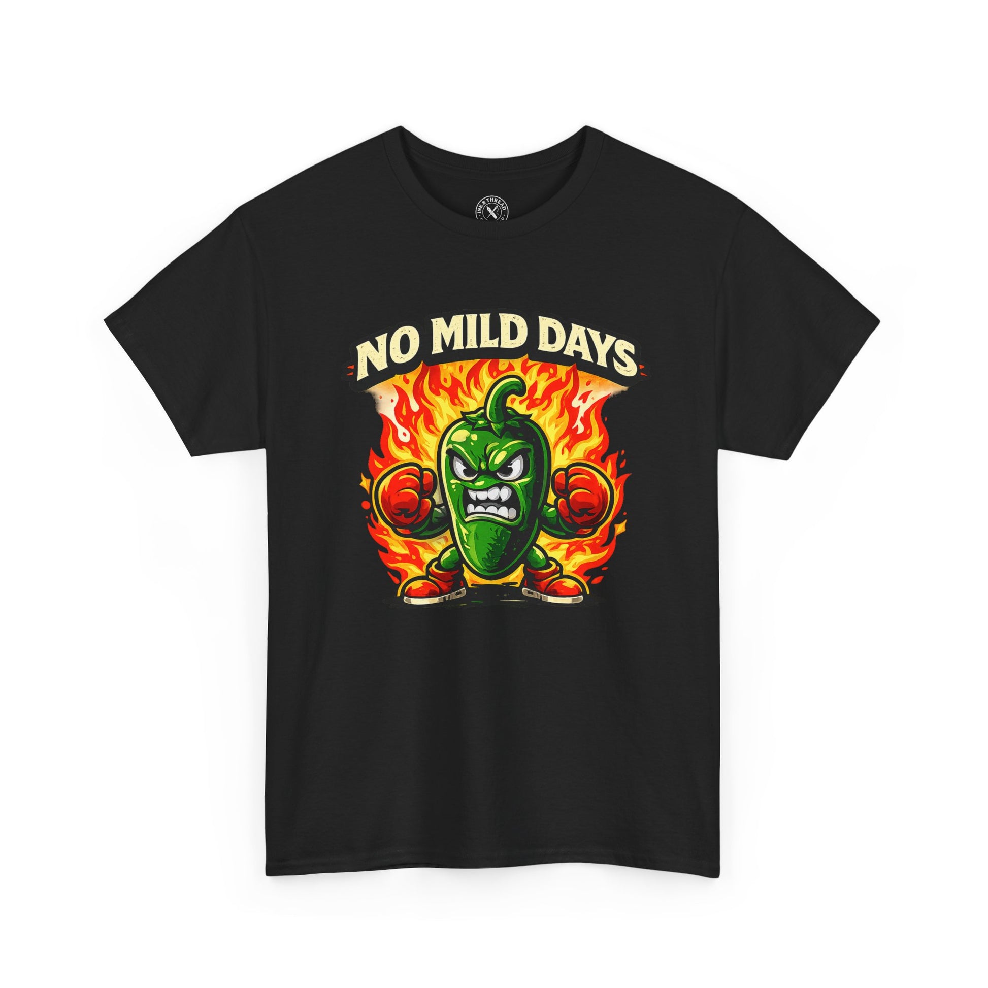 Black t-shirt with a green pepper graphic and 'No Mild Days' text on a white background