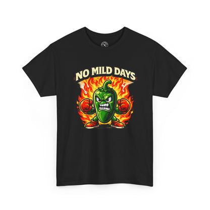 Black t-shirt with a green pepper graphic and 'No Mild Days' text on a white background