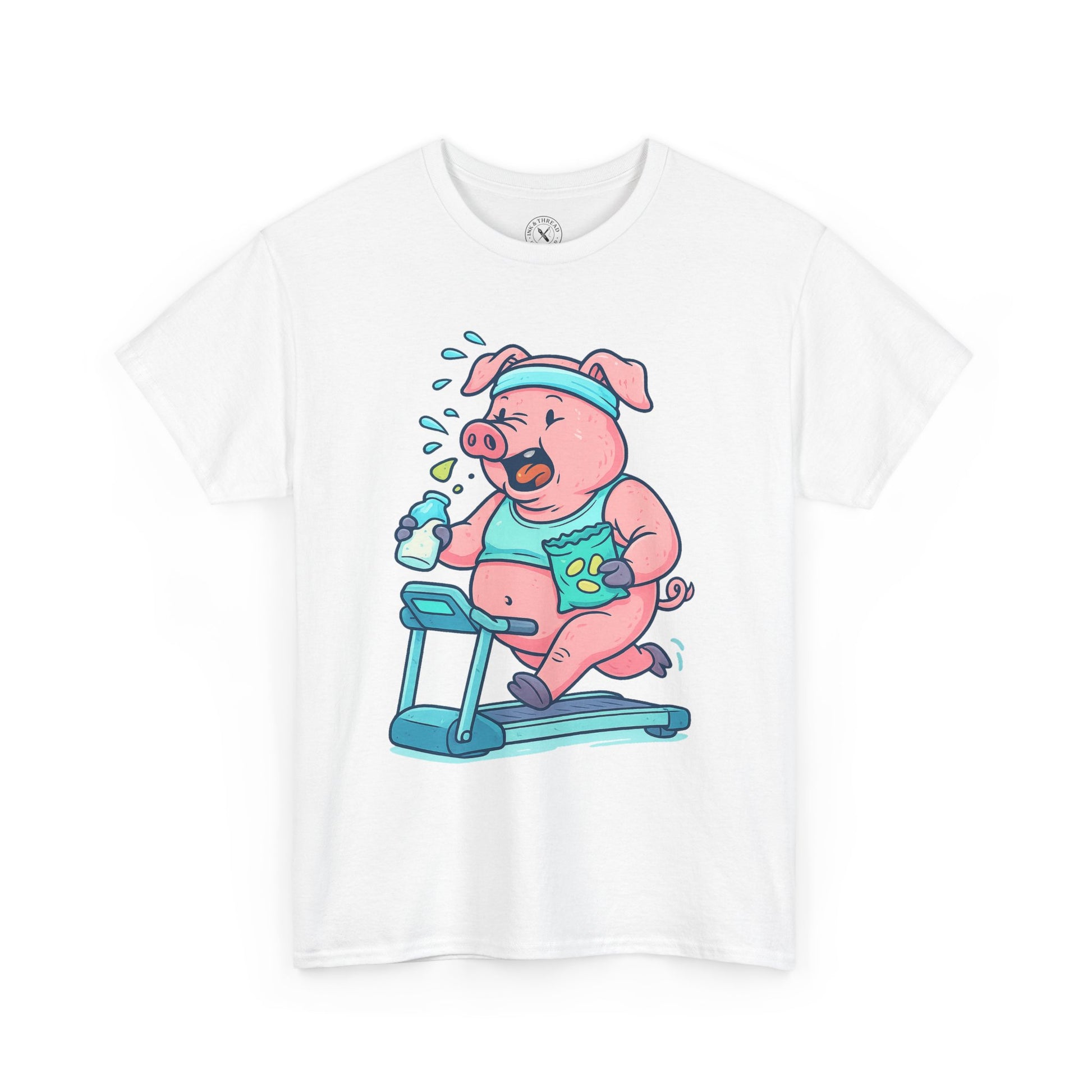 White t-shirt with a cartoon pig character exercising on a treadmill