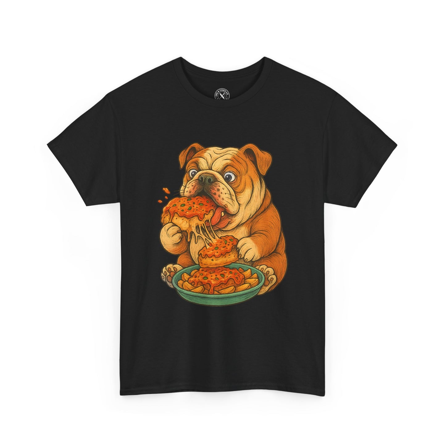 Black t-shirt with a cartoon bulldog eating pizza design on a white background