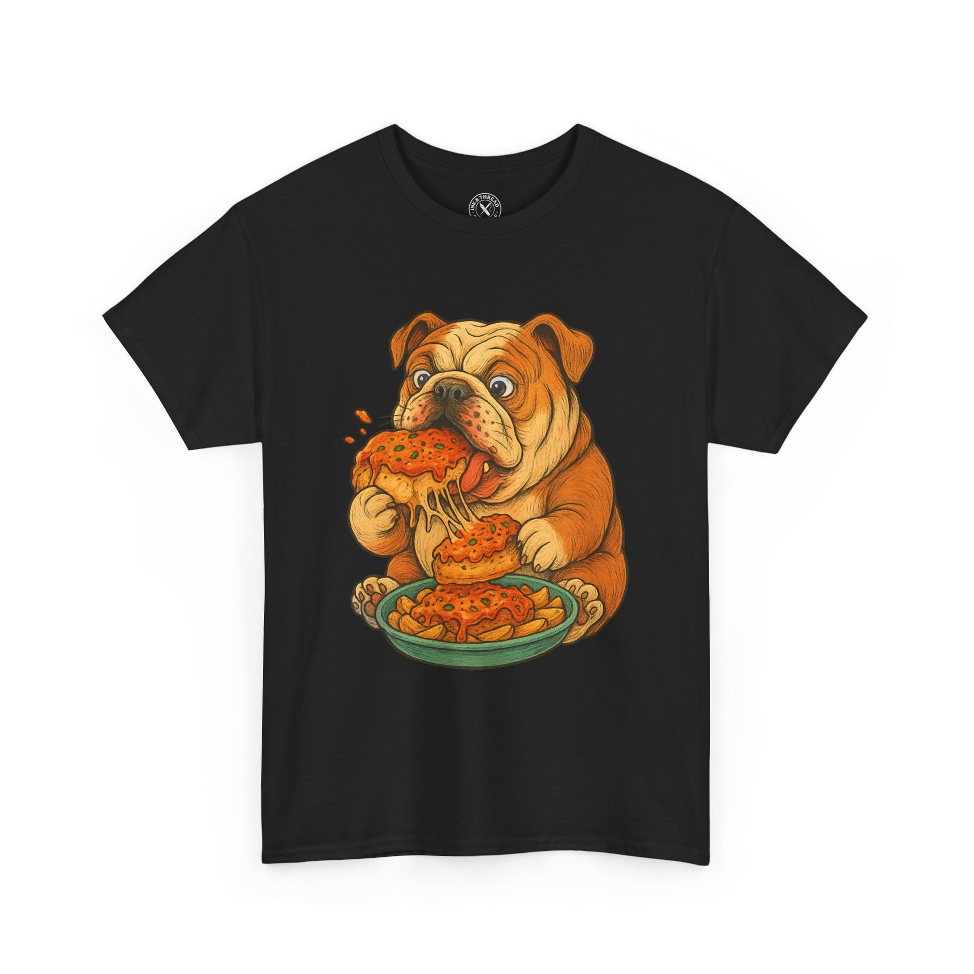 Black t-shirt with a cartoon bulldog eating pizza design on a white background