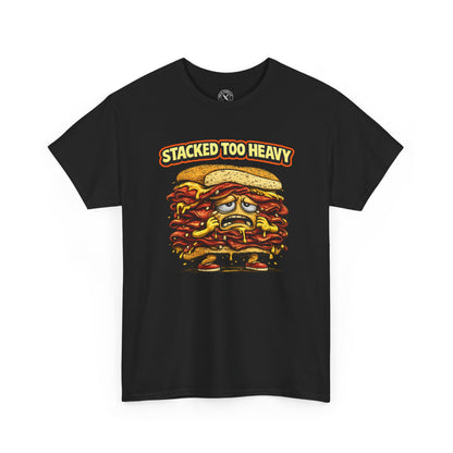 Black t-shirt with a cartoon sandwich graphic and 'Stacked Too Heavy' text on a white background