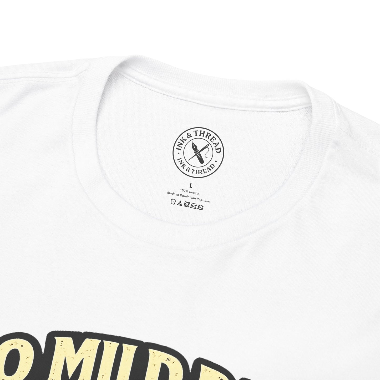 White t-shirt with a brand logo on the chest and text at the bottom.