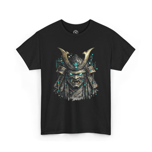 Black t-shirt with a samurai helmet graphic on a white background