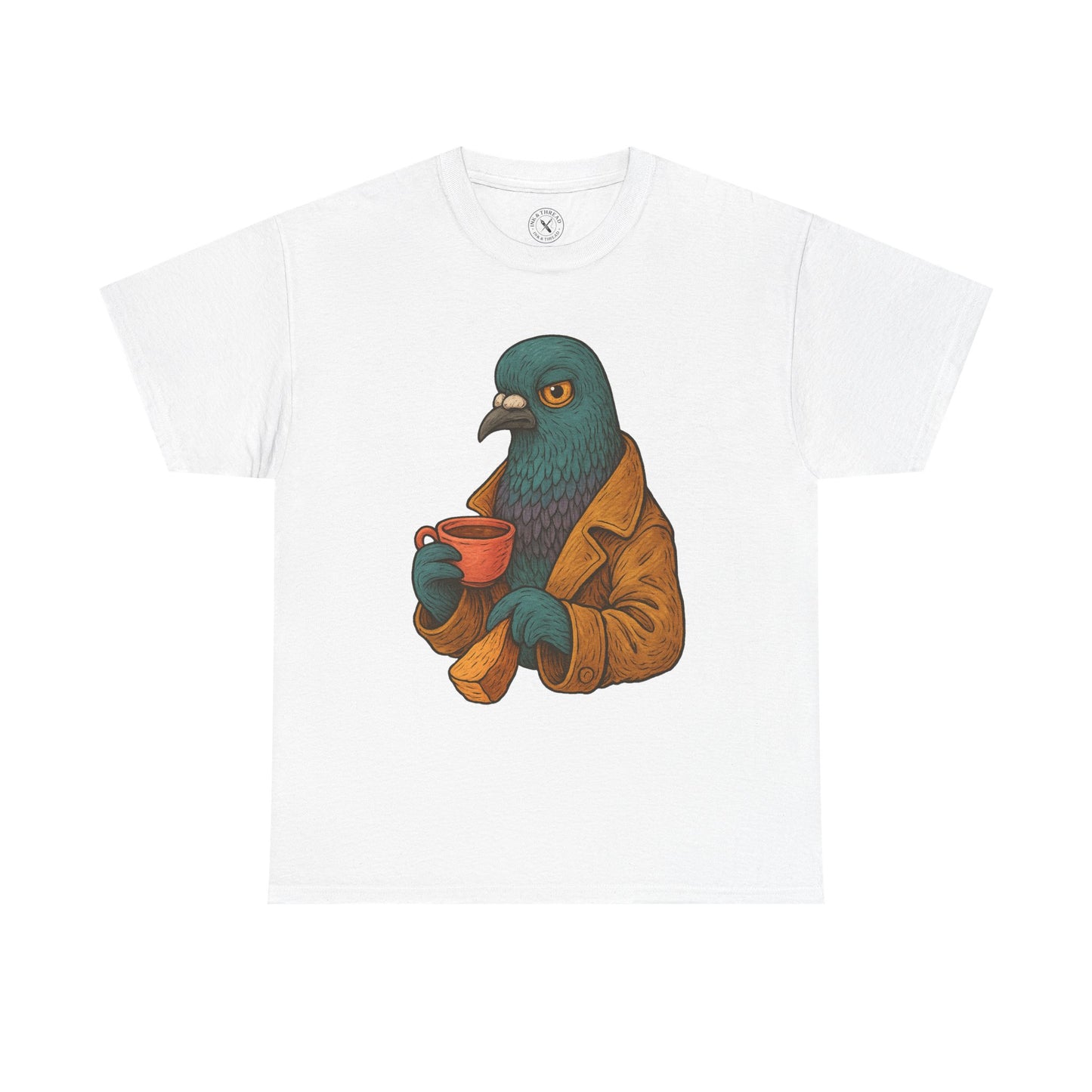 White t-shirt with a graphic of a pigeon holding a cup on a white background