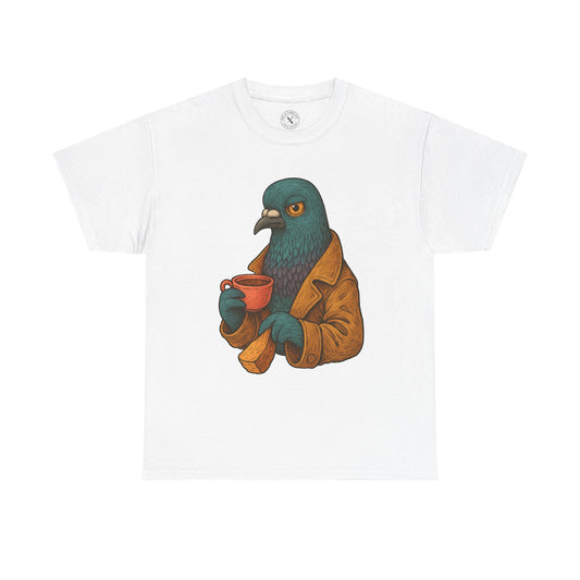 White t-shirt with a graphic of a pigeon holding a cup on a white background
