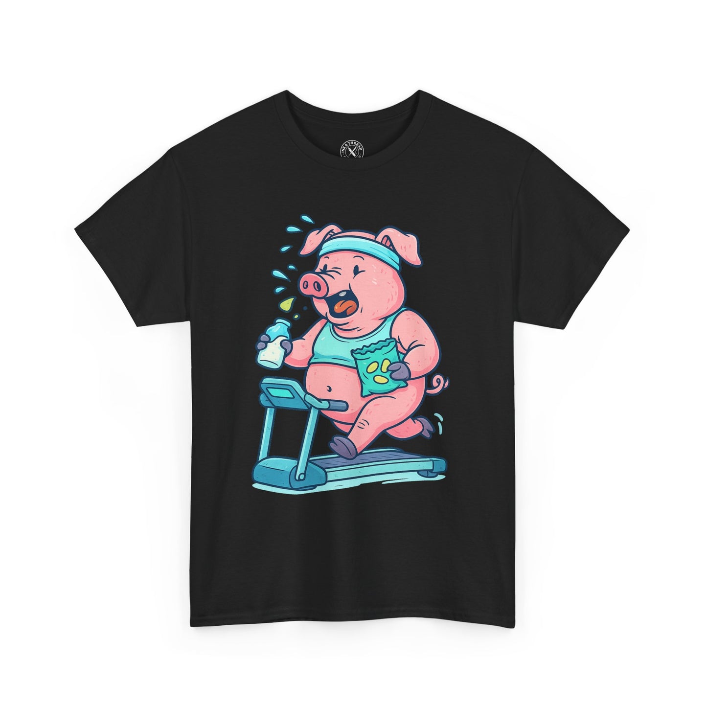 Black t-shirt with a cartoon pig character on a treadmill design.