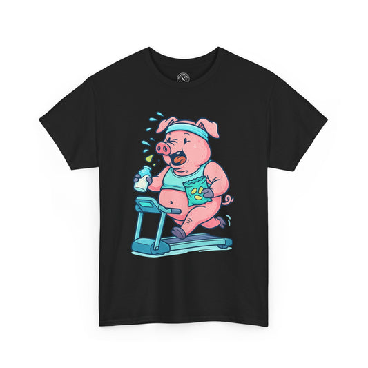 Black t-shirt with a cartoon pig character on a treadmill design.