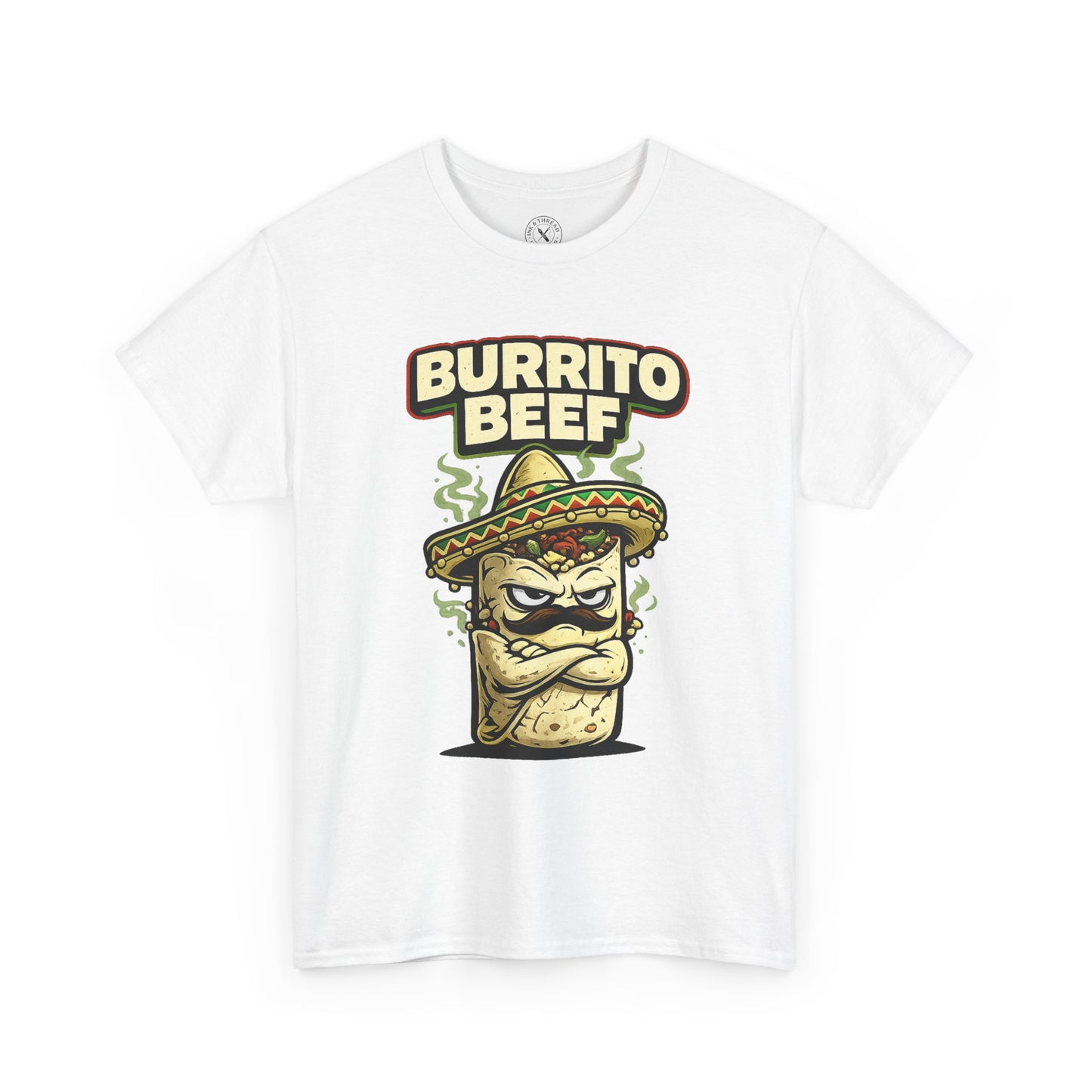 White t-shirt with 'Burrito Beef' graphic design on a white background