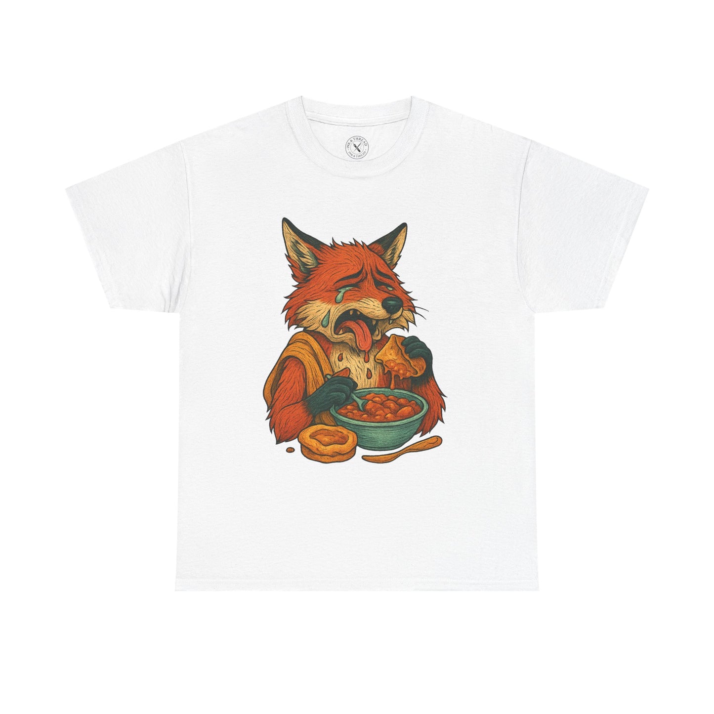 White t-shirt with a fox graphic holding a bowl of soup on a white background