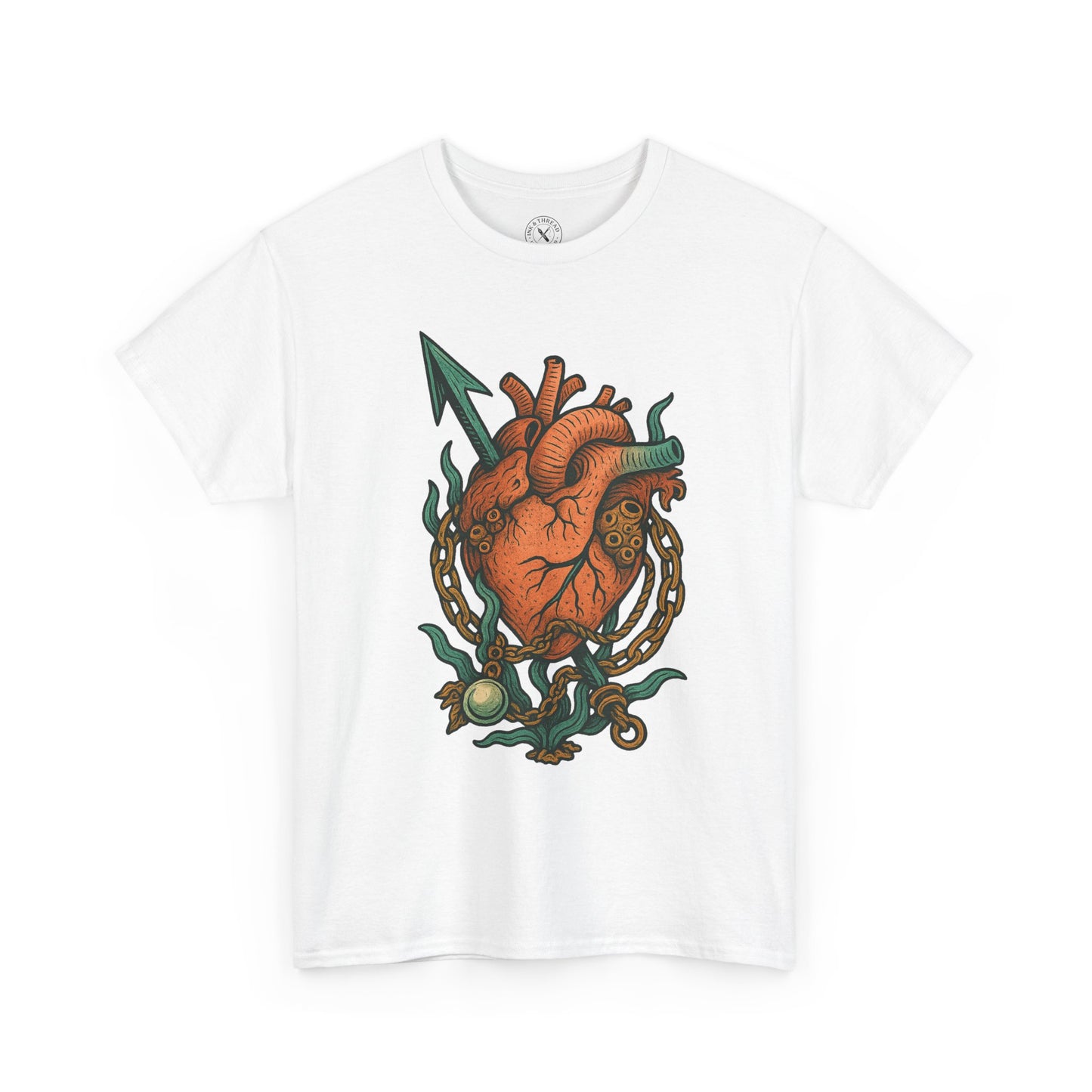 White t-shirt with a colorful heart design on a white background