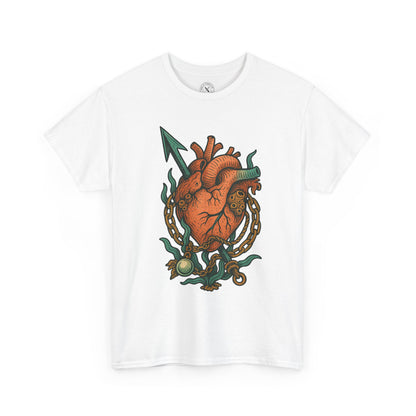 White t-shirt with a colorful heart design on a white background