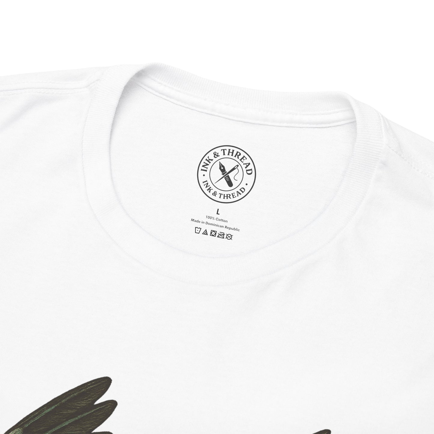 White t-shirt with a logo and text on a white background