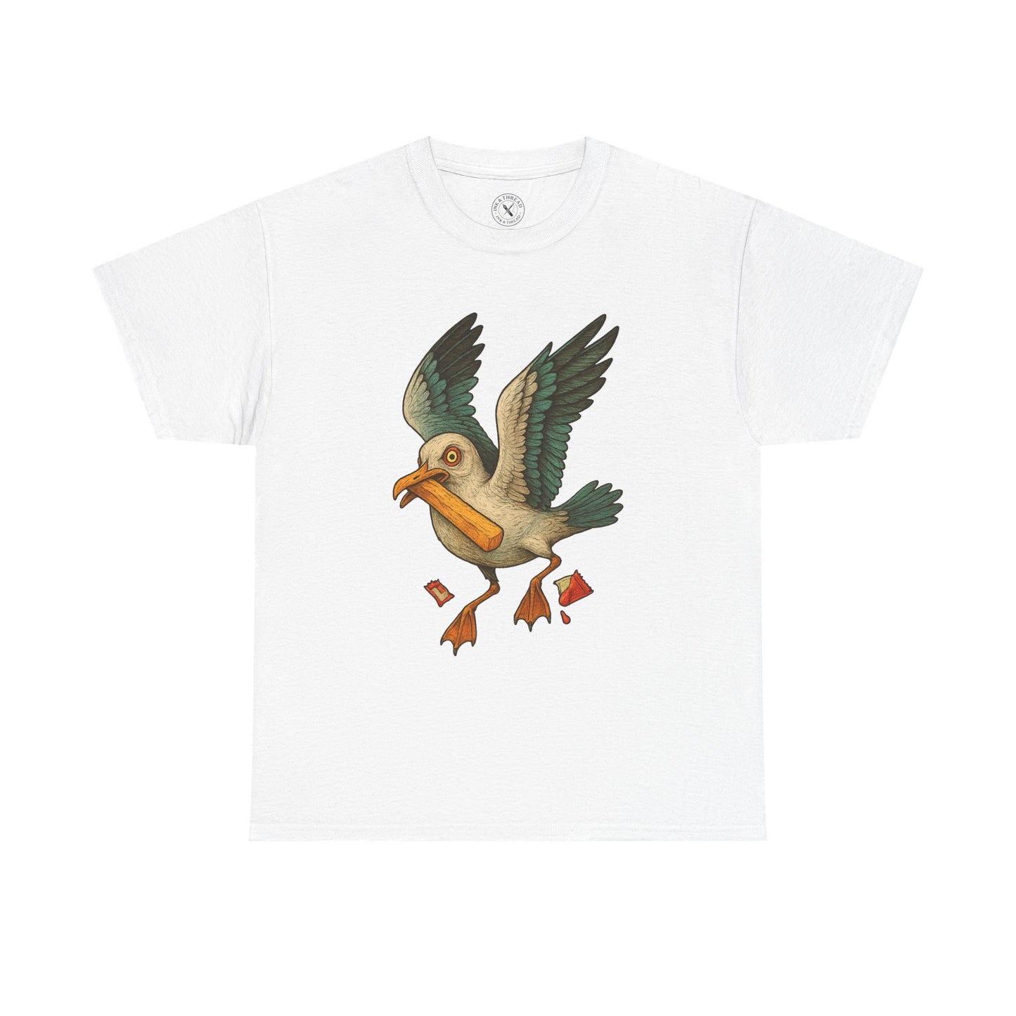 White t-shirt with a bird graphic on a white background
