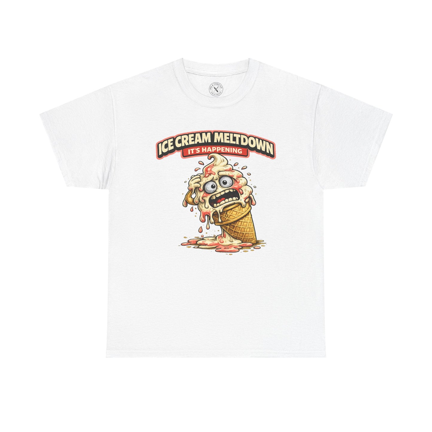 White t-shirt with a cartoon ice cream cone and text on a white background