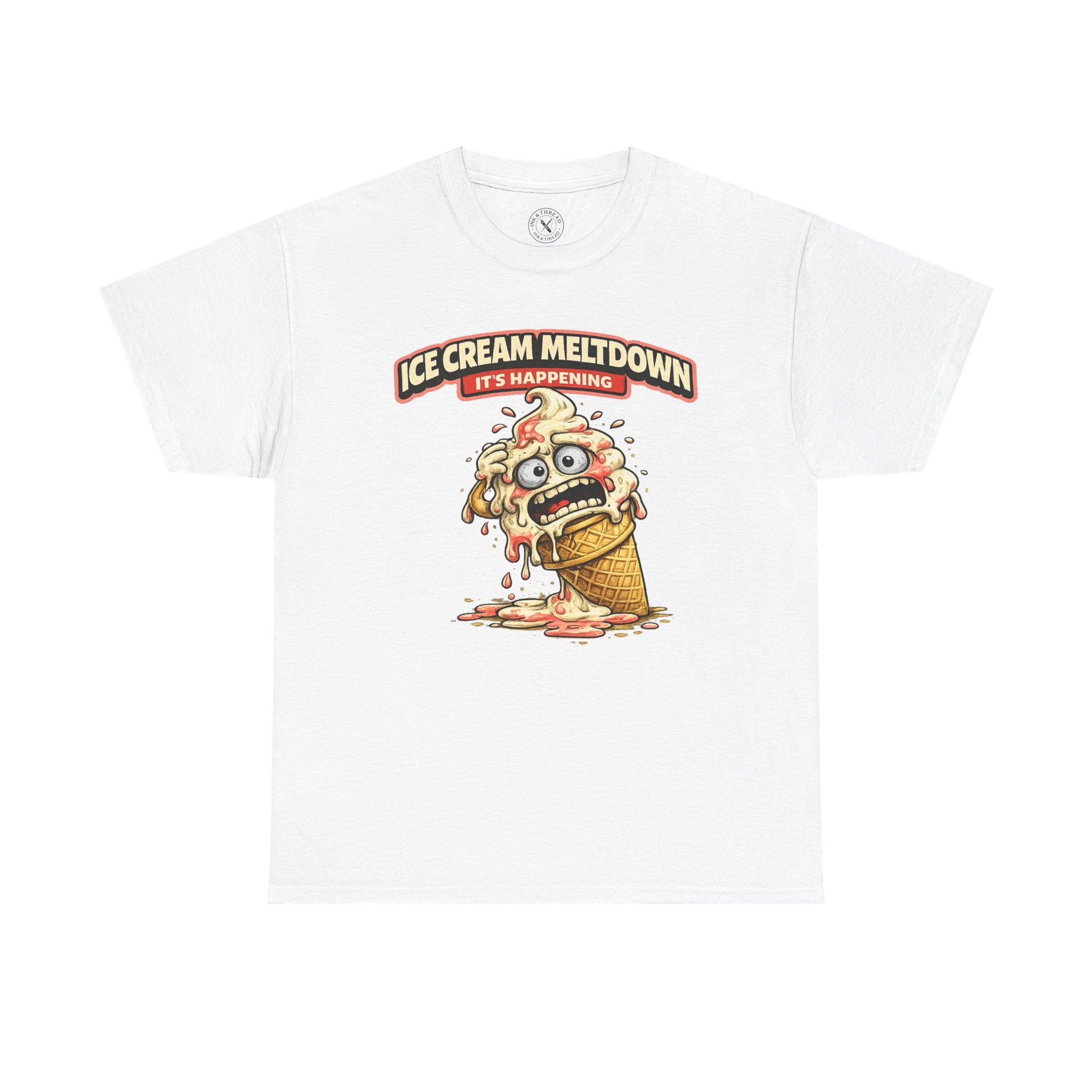 White t-shirt with a cartoon ice cream cone and text on a white background