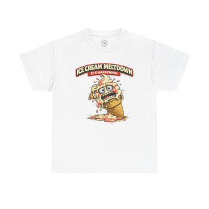 White t-shirt with a cartoon ice cream cone and text on a white background