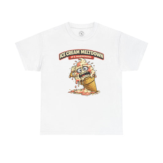 White t-shirt with a cartoon ice cream cone and text on a white background