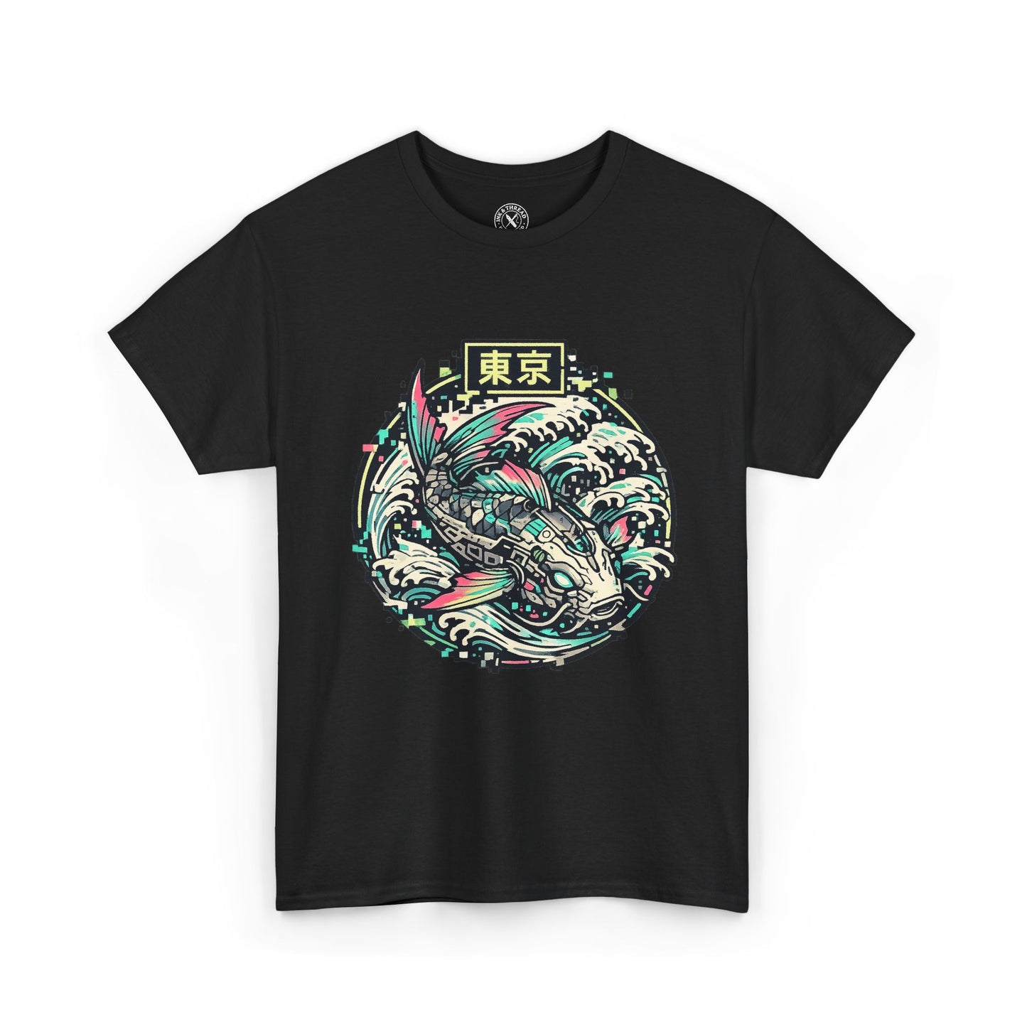 Black t-shirt with a colorful koi fish design and Japanese text on a white background