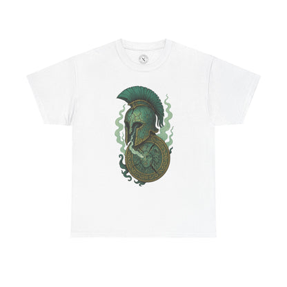 White t-shirt with green graphic design on a white background