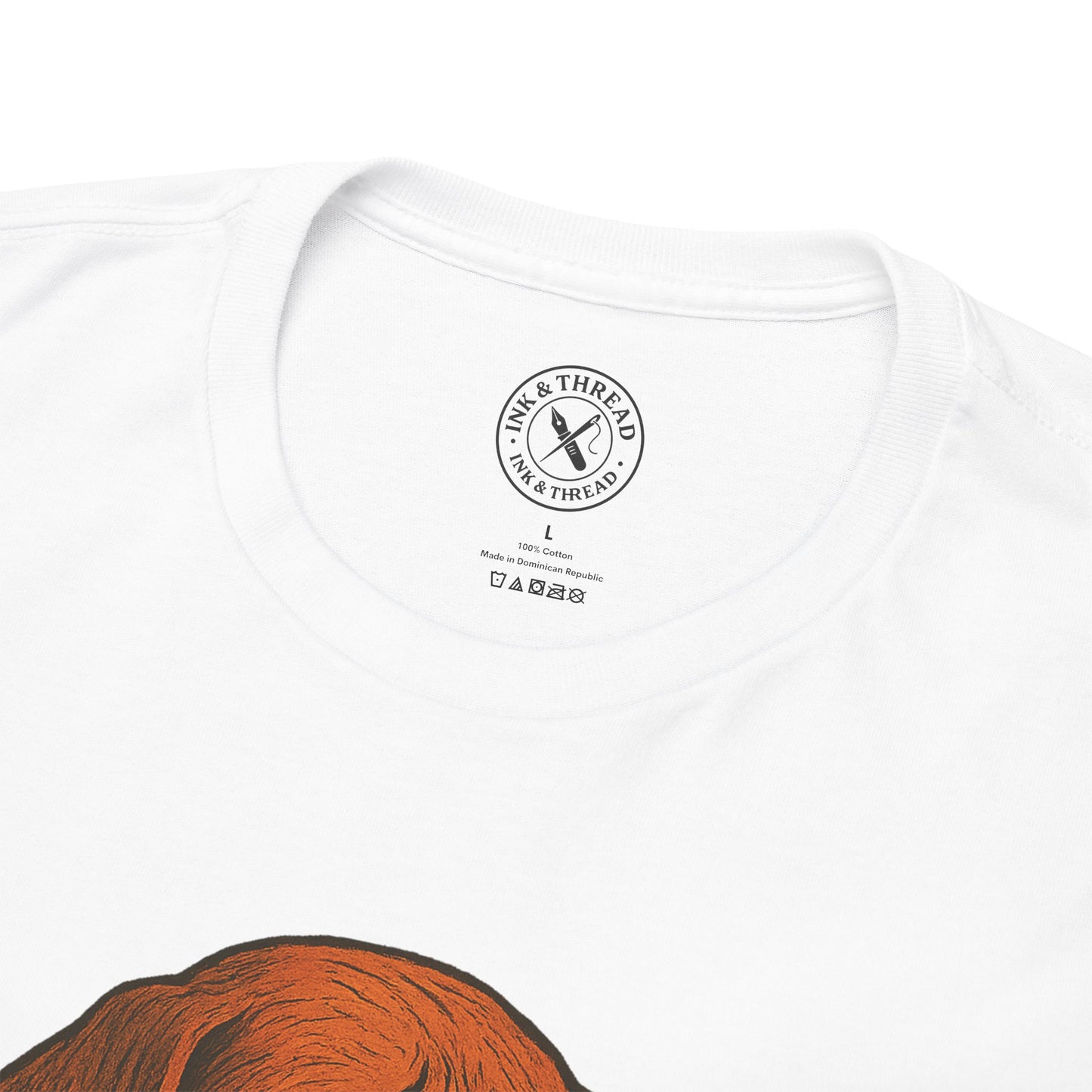 White t-shirt with a logo and text on a white background