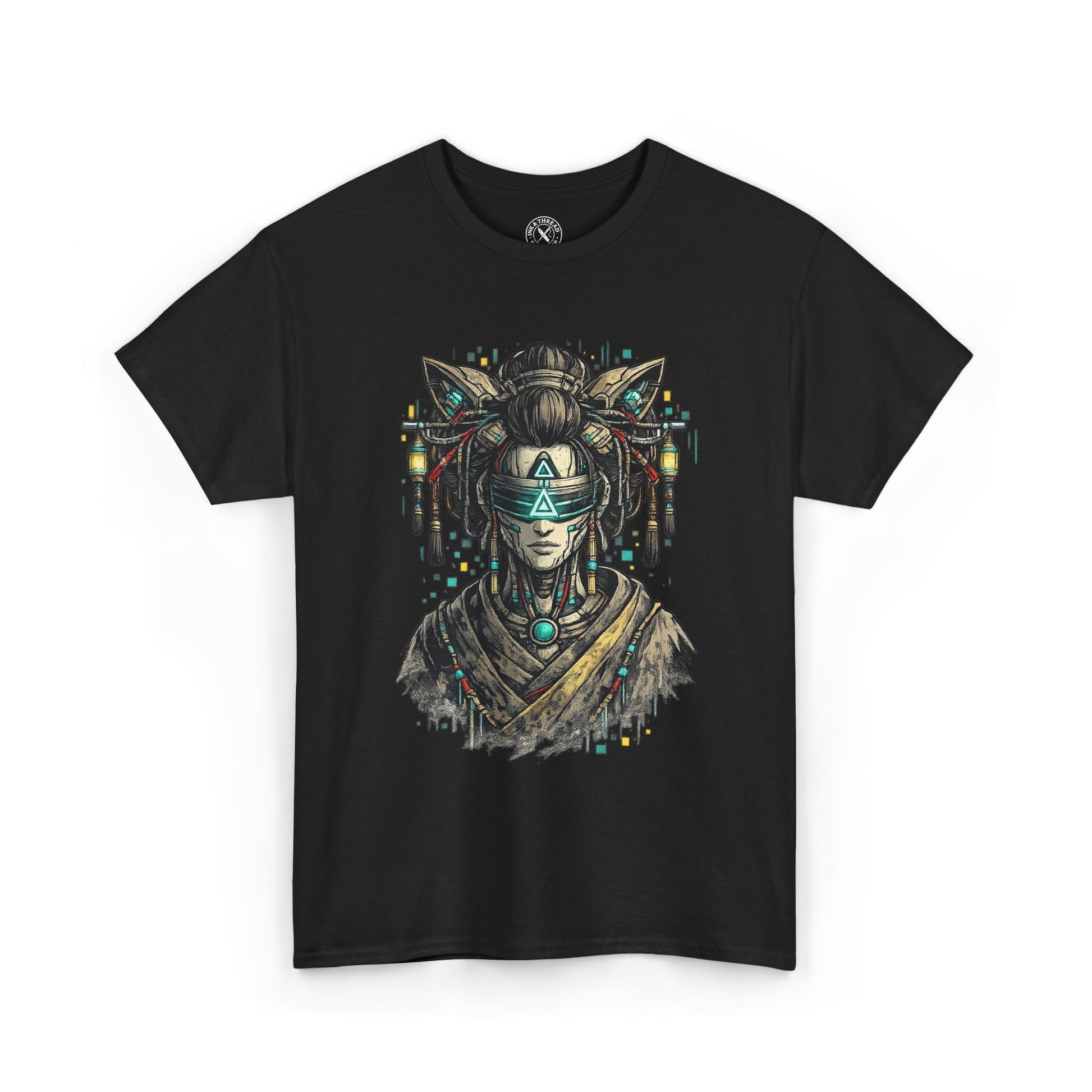 Black t-shirt with a graphic design of a stylized face on a white background