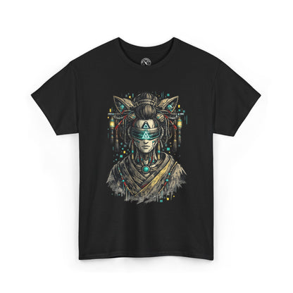 Black t-shirt with a graphic design of a stylized face on a white background