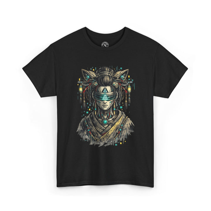 Black t-shirt with a graphic design of a stylized face on a white background