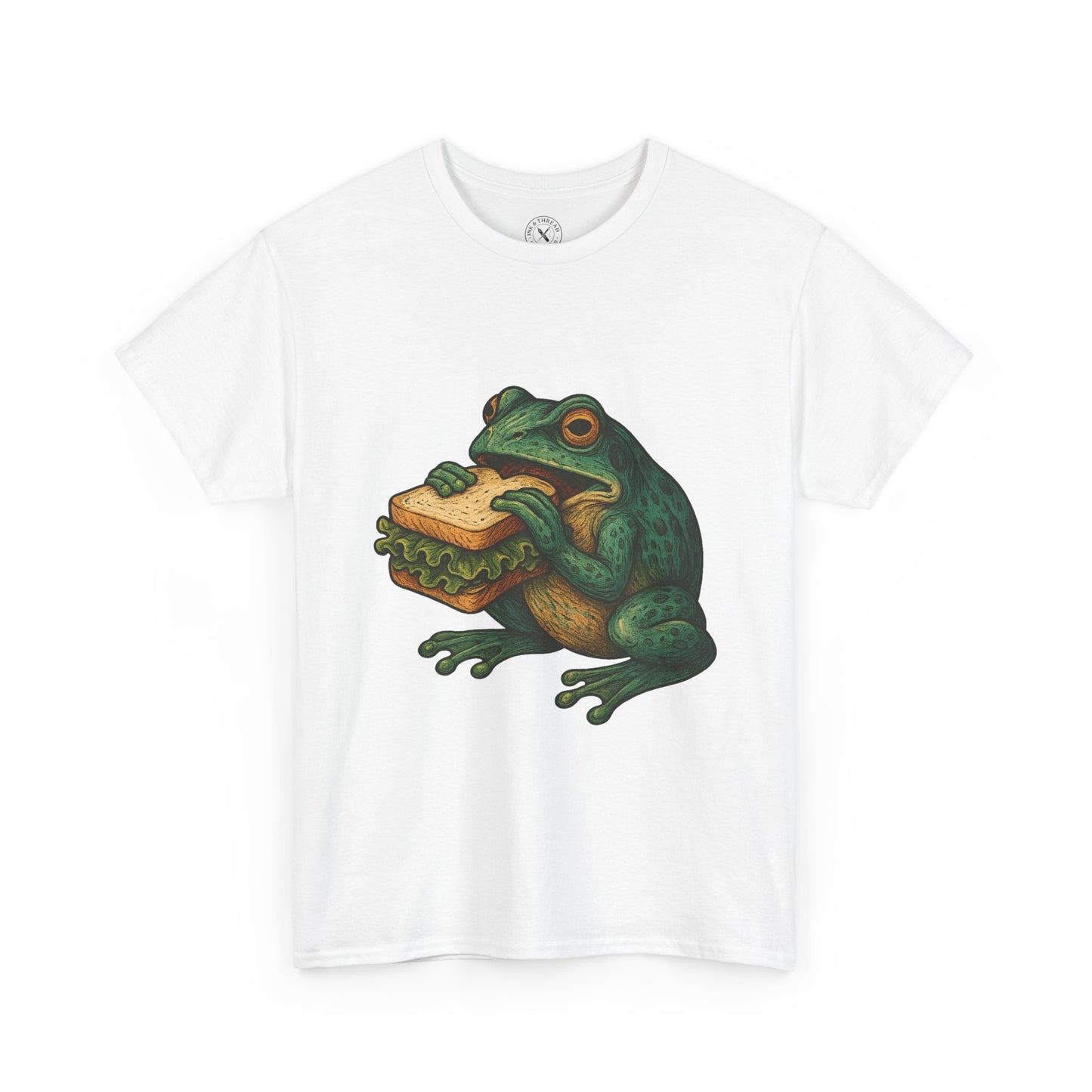 White t-shirt with a frog eating a sandwich graphic on a white background