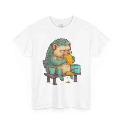 White t-shirt with a hedgehog graphic holding a box and cup on a white background
