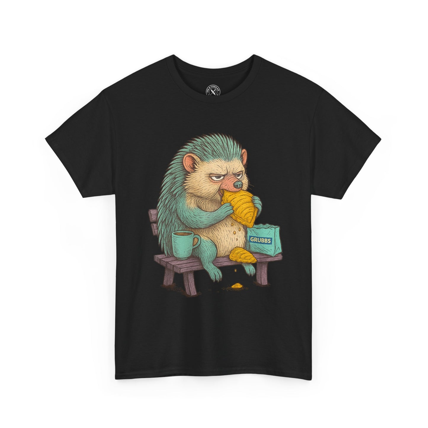 Black t-shirt with a graphic of a hedgehog holding a cup and a box on a white background