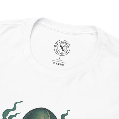 White t-shirt with a brand logo and text on a white background