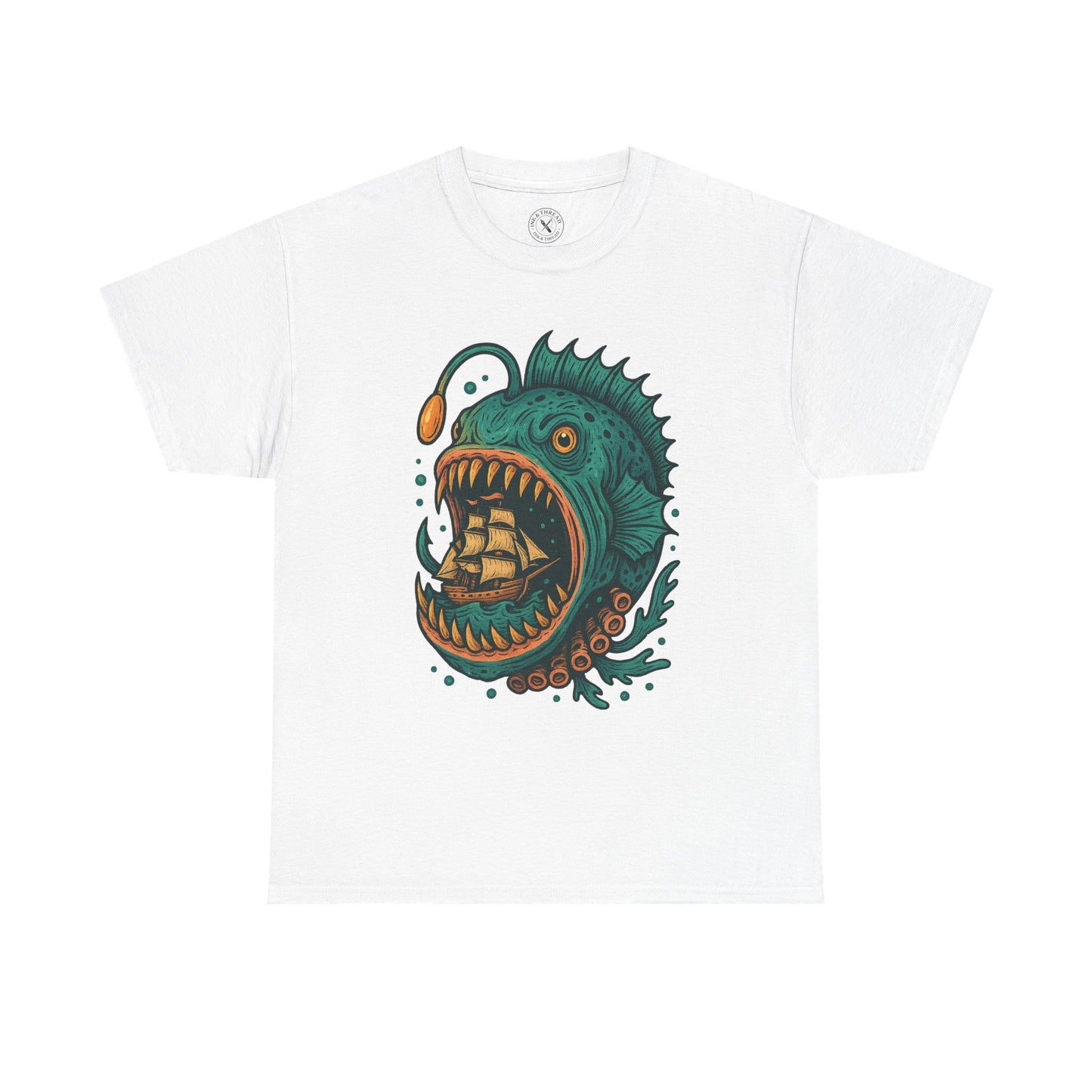 White t-shirt with a green anglerfish graphic on a white background