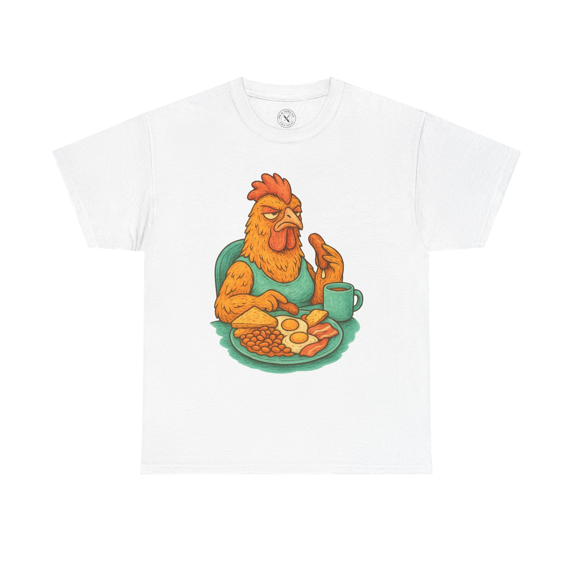 White t-shirt with a cartoon rooster eating breakfast design on a white background