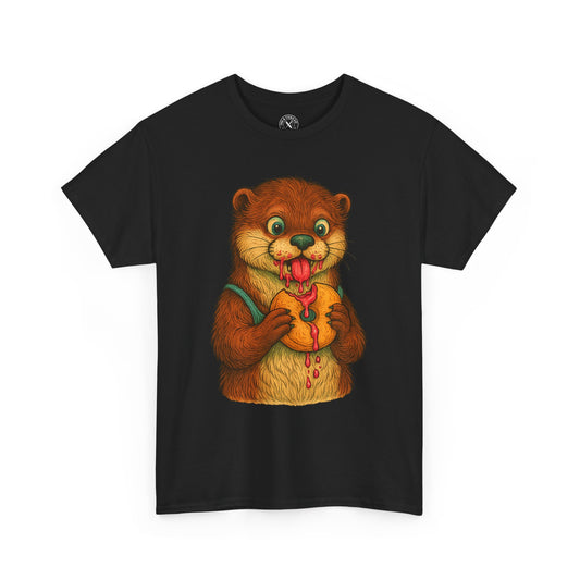 Black t-shirt with a cartoon otter holding a bag on a white background