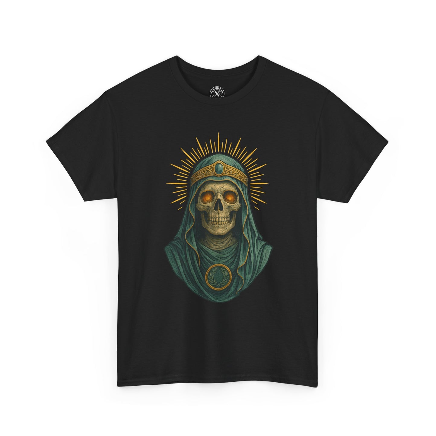 Black t-shirt with a skull design wearing a headscarf on a white background