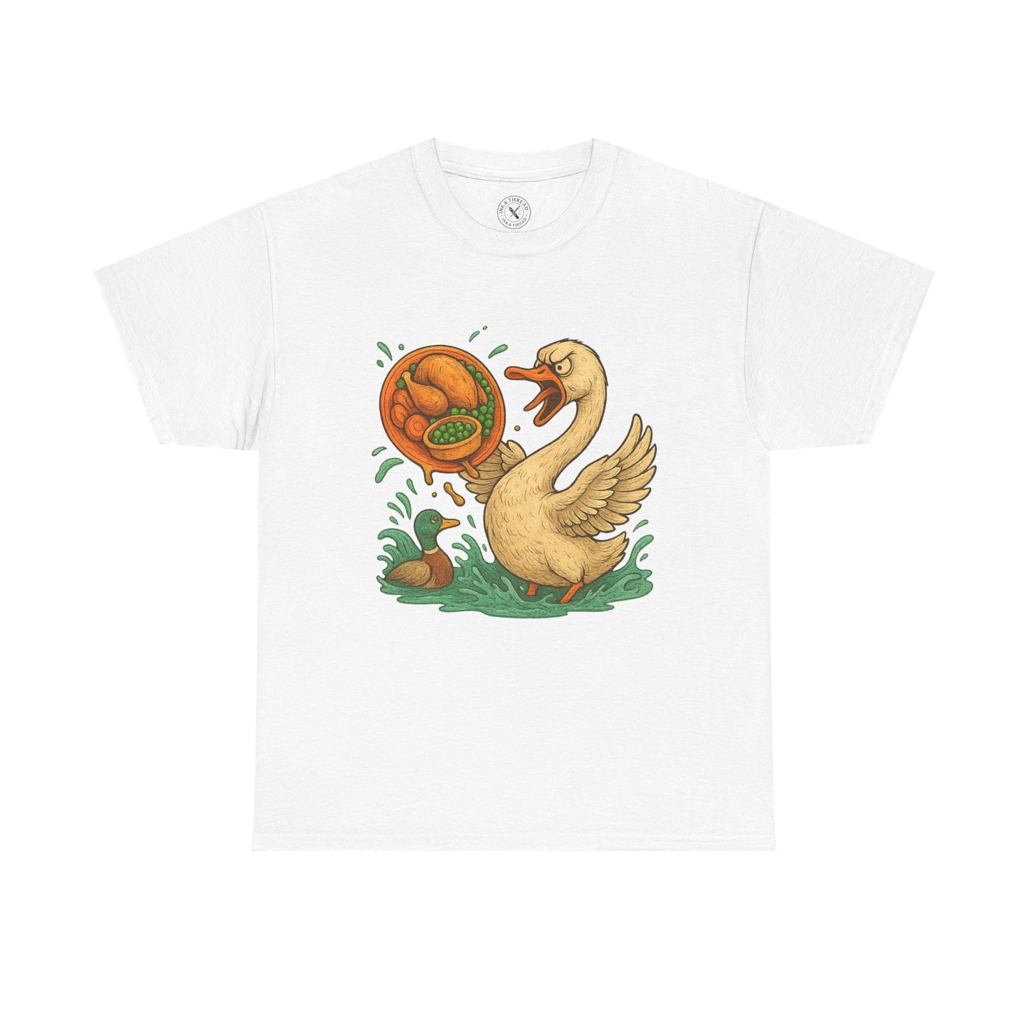White t-shirt with a cartoon goose and pumpkin design on a white background
